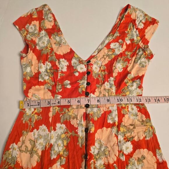 Urban Outfitters Coral Floral Babydoll Midi Dress V-Neck Cap Sleeve Button Sz XS - Picture 8 of 11